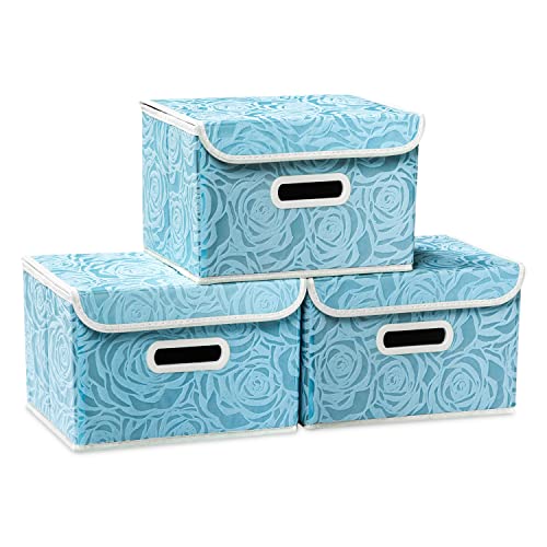Collapsible Storage Boxes with Lids Fabric Decorative Storage Bins Cubes Organizer Containers Baskets with Cover Handles Divider for Bedroom Closet Living Room 9.8x7.9x6.7 Inch 3 Pack (3 Count)
