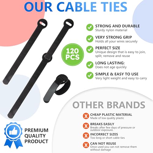 120 PCS 5/6/8 Inch Reusable Cable Ties for Cords – Data Cable Organizer Ties – Cord Wraps for Charging Cords – Electrical Wire Straps, Black (120 Count)