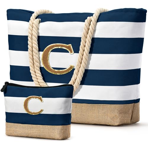 Beach Bag Initial Beach Tote with Makeup Bag for Travel