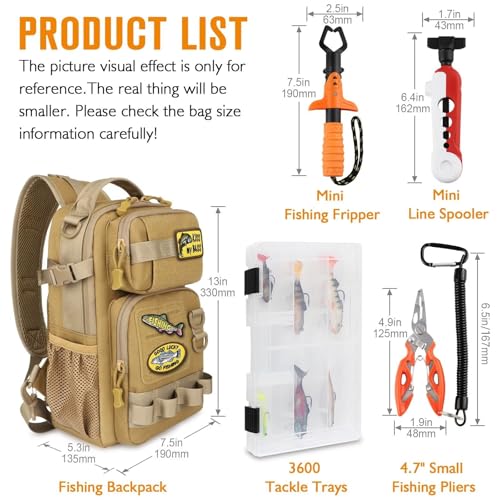 Small Fishing Backpack Fishing Sling Bag with 3600 Tackle Box Small Tackle Backpack with Tool Set Khaki