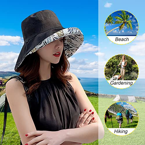 Women Floral Reversible Wide Brim Sun Hats Summer UV Protection Hiking Fishing Hat Wired Edge Beach Garden Lawn Work Cap Chin Strap