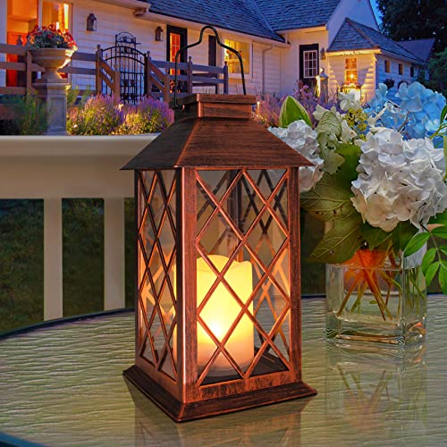 2 Pack] TAKE ME 14" Solar Lantern Outdoor Garden Hanging Lantern Waterproof LED Flickering Flameless Candle Mission Lights for Table (2 Count)