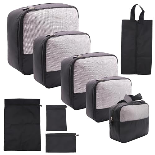 9 Piece Black Travel Organizer Set with 4 Packing Cubes