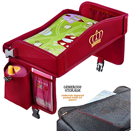 2-in-1 Kids Toddler Travel Tray & Back Seat Organizer — Foldable Waterproof Car Tray with Tablet Holder, Cup Holder, Storage Pockets for Road Trips & Airplane (Premium Red)