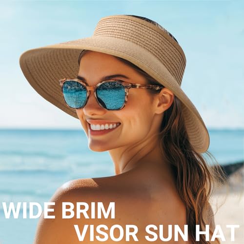 Sun Visor Hats for Women Wide Brim Straw Packable Beach Hat Black