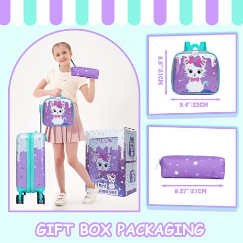 Cute Cat Kid’s Luggage Set 5 Piece Suitcase Set 16’’ Hardside Luggage with Spinner Wheels Girls Boys Carry on Toddler Luggage Travel Rolling Luggage Carry on Luggage Airline Approved (5 Count)