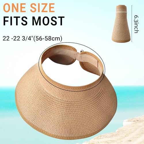 Sun Visor Hats for Women Wide Brim Straw Packable Beach Hat Khaki