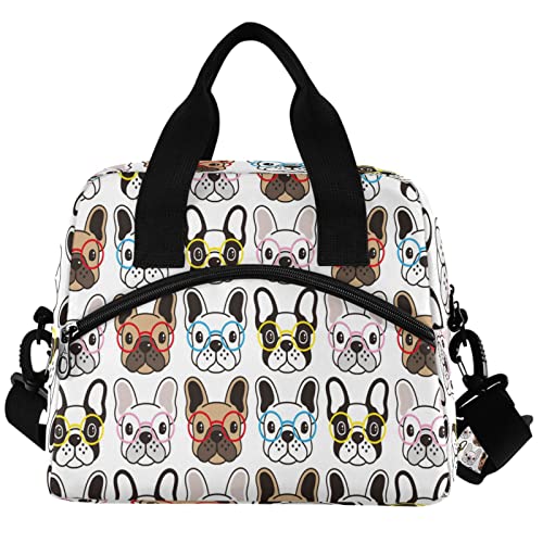 Cute Animal Dog French Bulldog Glasses Insulated Lunch Tote Bag Reusable Cooler Lunch Box with Shoulder Strap for Work Picnic School Beach (multi 14)