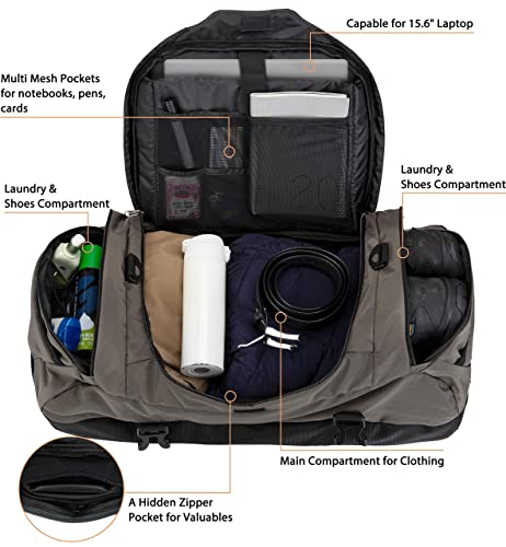 Large Convertible Duffel Weekender Gym Backpack Grey 45L