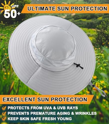 UPF50+ Mens Sun Hat Wide Brim Fishing Hat Airy Womens Sun Protection Hat Gardening Beach Bucket Hat Light Grey
