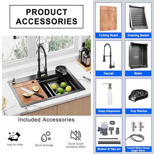 29.5 x 17.7 x 9 Inch 16 Gauge Black T304 Kitchen Sink Workstation