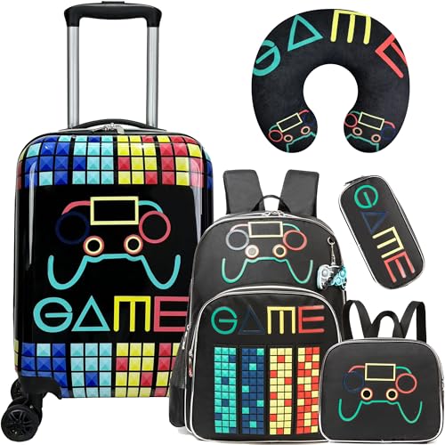 Kid’s Luggage Set 5 Piece Suitcase Set 16’’ Hardside Luggage with Spinner Wheels Girls Boys Carry on Luggage Travel Rolling Luggage Airline Approved (5 Count)