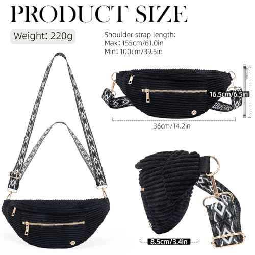 Black Crossbody Bag Corduroy Fanny Pack Vintage Sling Bag with Gold Zipper