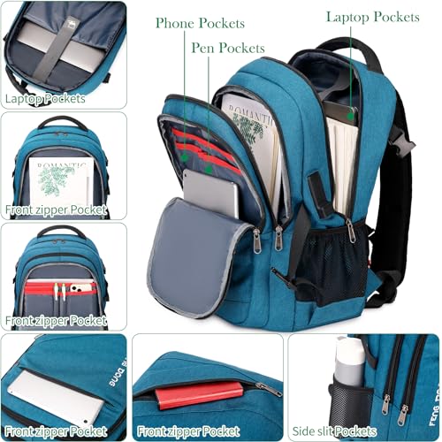 17.3 inch Large Laptop Backpack Durable Waterproof Travel College Backpack Bookbag for Men & Women Business Backpack with USB Charging Port and Headset Port Light Teal
