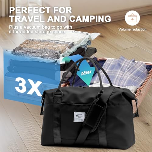 Large Gym Bag for Women Carry on Duffel 18 x 14 x 8 inches Spirit Airlines Travel Essentials Bag Weekender Space Saver Clothes Vacuum Storage Bags with hand pump