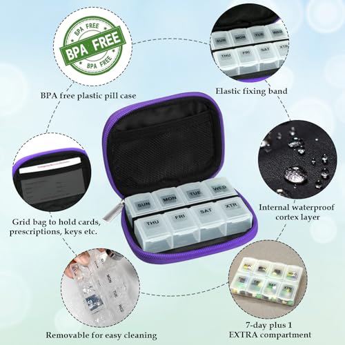 Weekly Travel Pill Organizer Pill Case for Purse with Removable 7 Day Pill Box (2 Count)