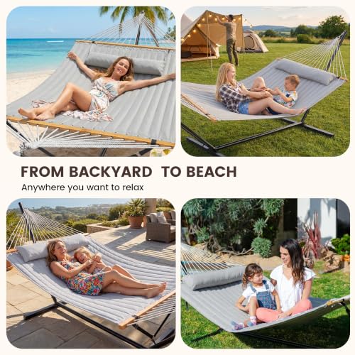 Double Hammock with Stand 500lbs Heavy Duty Outdoor Two Person Gray
