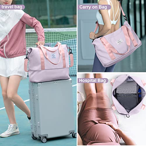 Purple Pink Waterproof Duffel Gym Tote Weekender Carry On Overnight Bag for Women with Trolley Sleeve & Wet Pocket