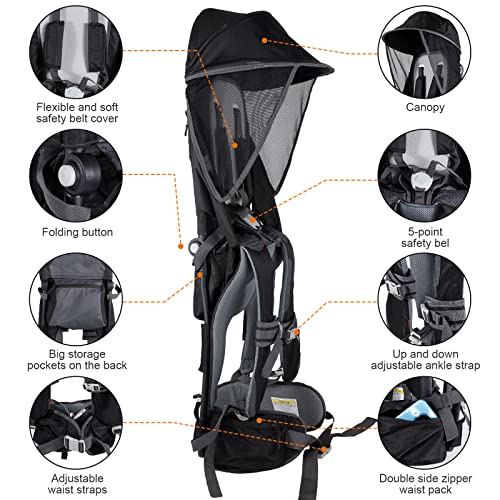 Baby Shoulder Carrier Baby Hiking Backpack Carrier with Rain Cover Sun Shade for Child Safe Backrest and Toddler Ergonomic Seat Holds 40 Pound for Children Between 6 Months