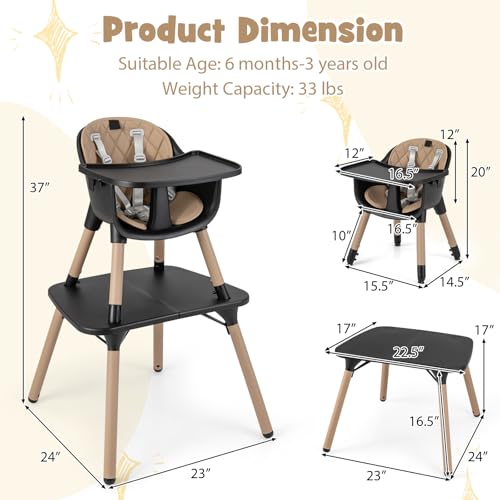 6-in-1 High Chair, Convertible Highchair for Babies and Toddlers/Kids Chair Table Set/Infant Feeding Chair w/Safety Harness, PU Leather Cushion & Removable Food Tray (Coffee)