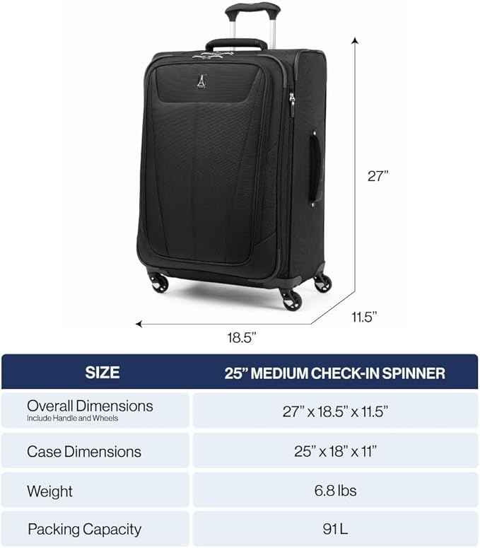 Travelpro Maxlite 5 Softside Expandable Luggage with 4 Spinner Wheels, Lightweight Suitcase, Men and Women, Shadow Grey, Checked-Medium 25-Inch