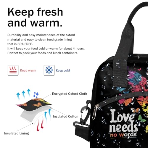 Autism Feather Insulated Lunch Bag for Women Girl Reusable Lunch Tote Box With Shoulder Strap Lightweight Thermal Cooler Meal Prep Bag for Work School Office Picnic (print 3)