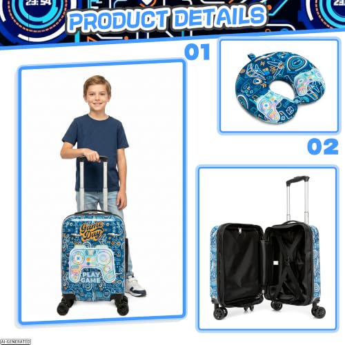 Kids Luggage Set Carry On Suitcase with U shaped Pillow Rolling Toddler Suitcase for Boys Travel Set Hardside Luggage with Spinner Wheels Airline Approved