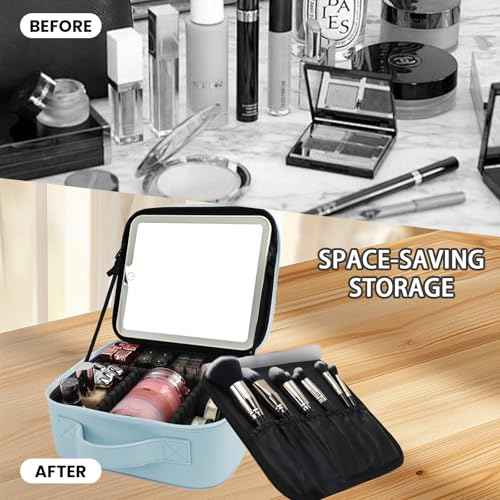 Travel Makeup Bag with LED Mirror and Light Travel Makeup Case Cosmetic Organizer Portable Cosmetic Brush Organizer Bag with Adjustable Dividers for Cosmetics Makeup Brushes Toiletry