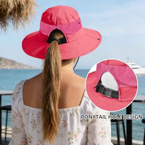 Ponytail Sun Bucket Hats for Women UV Protection Foldable Wide Brim