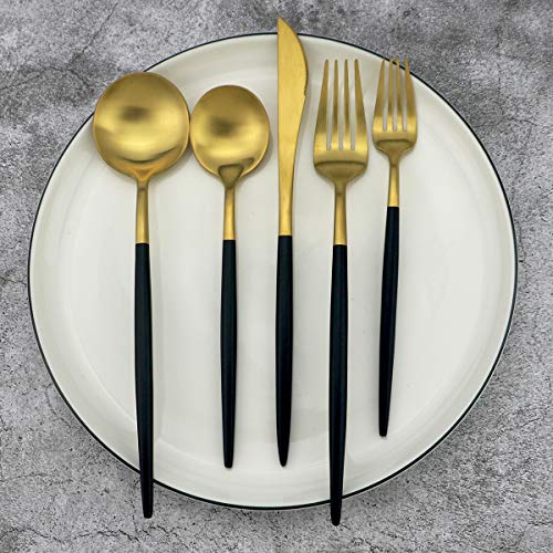 20-Piece 18/10 Stainless Steel Flatware Silverware, Luxury Dinnerware Set Travel Cutlery Tableware Include Knife Fork Spoon Service for 4, Dishwasher Safe (Black Handle Matte Gold) (4 Count)