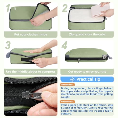 4 Set/6 Set/8 Set Compression Packing Cubes Travel Accessories Expandable Packing Organizers (Cloth Pattern, 4-Matcha Green)
