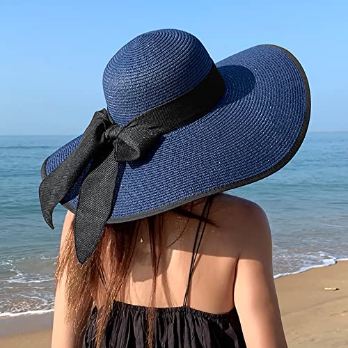 Womens Big Bowknot Straw Hat Floppy Foldable Roll up Beach Cap Sun Hat UPF 50+ ACA Navy