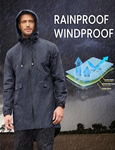 Men's Rain Jacket Waterproof Cycling Packable Raincoat with Hood Lightweight Windbreaker