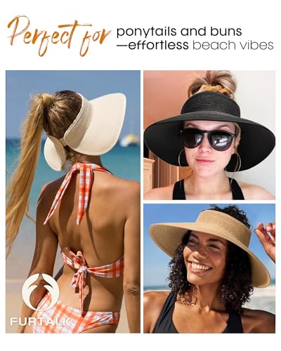 Womens Sun Visor Hats Wide Brim Straw Beach Hat UV Protection Ponytail Packable Beach Vacation Essentials Black