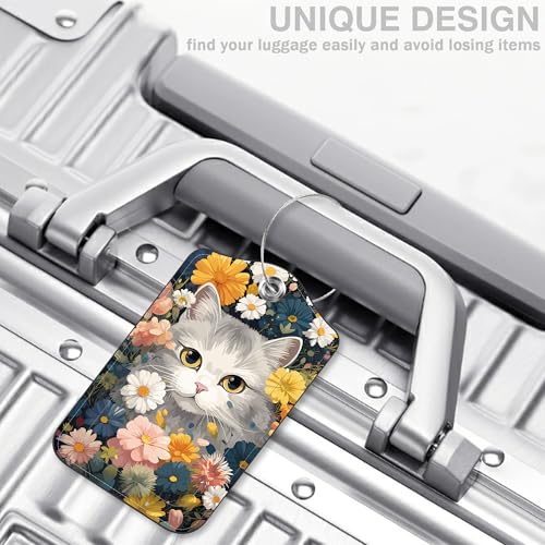 2 Pack Luggage Tags for Suitcases Cute Cat with Colorful Flowers Leather Luggage Tags Privacy Cover ID Label with Stainless Steel Loop and Address Card for Women Men Travel Bag Backpack (2 Count)