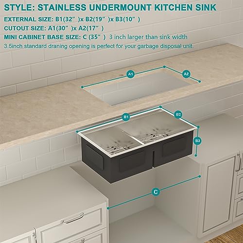 32" Undermount Double Bowl Kitchen Sink Stainless Steel Workstation