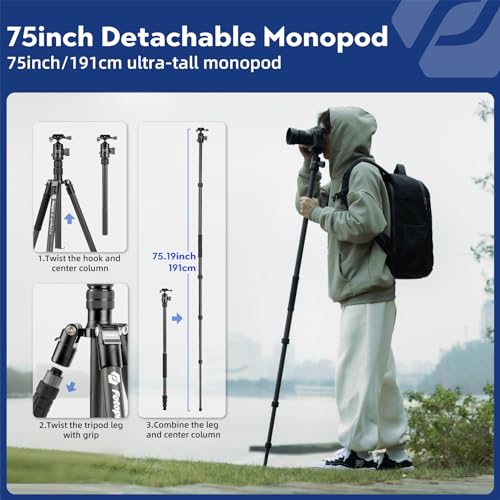 73" 185cm Carbon Fiber Travel Tripod for Camera