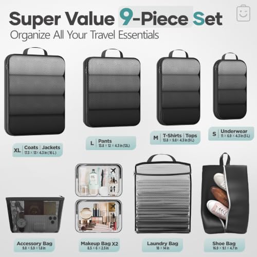9 11 Set Compression Packing Cubes for Travel Essentials (9 Count)