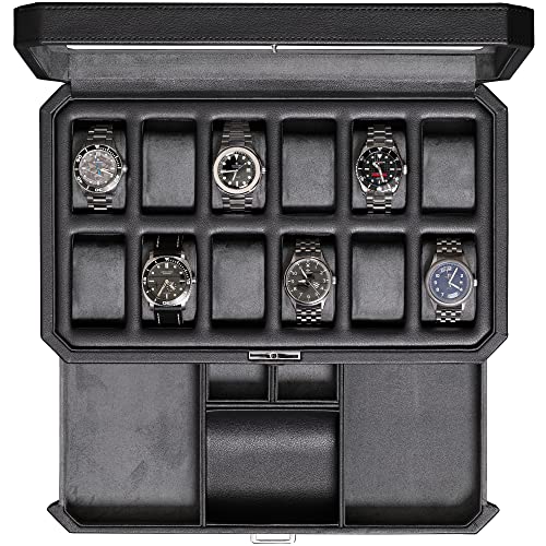 12 Slot Leather Watch Box with Valet Drawer