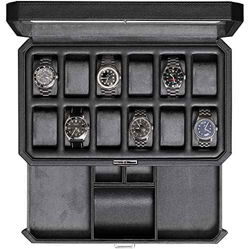 12 Slot Leather Watch Box with Valet Drawer