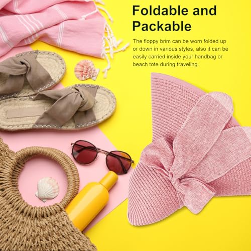 Womens Bowknot Straw Hat Large Foldable Beach Sun Hat Roll up UPF 50+