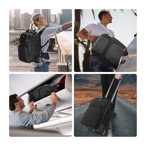 2 in 1 Camera Roller Bag with Detachable Shockproof Dividers Retractable Handle Waistband Rain Cover Water Resistant Robust Carry On Backpack for Camera Tripod Flash Lens Laptop
