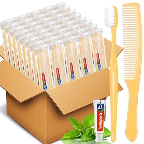 100 Pack Disposable Travel Toothbrushes Bulk with Toothpaste and Comb Travel Size Toothpaste Set Homeless Care Package Supplies for Bulk Individually Wrapped Disposable Hotel Charity (100 Count)