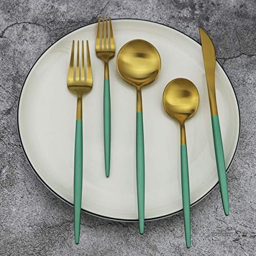 20-Piece 18/10 Stainless Steel Flatware Silverware, Luxury Dinnerware Set Travel Cutlery Tableware Include Knife Fork Spoon Service for 4, Dishwasher Safe (Green Handle Matte Gold) (4 Count)