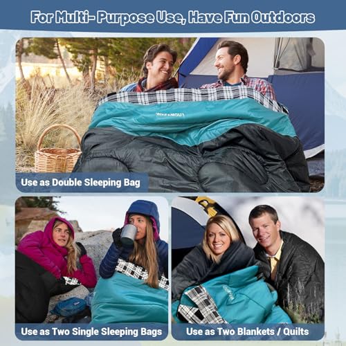 Cotton Flannel Double Sleeping Bag for Adults Machine Washable 2 Person Camping Sleeping Bag Queen Size Waterproof with Compression Sack for Cold Weather 3