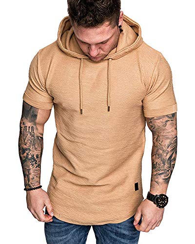Mens Fashion Hoodies Sport Pullover Solid Color Shirt Workout Lightweight Tops Khaki Large