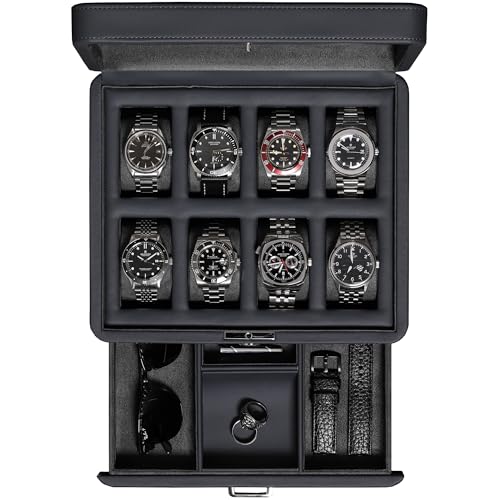 8 Slot Leather Watch Box with Valet Drawer
