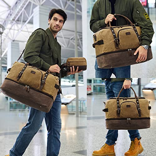 Nerlion Weekender Bag with Shoe Compartment Large Overnight Bag for Men Canvas Genuine Leather Carry on Luggage Bag Travel Duffel Bag