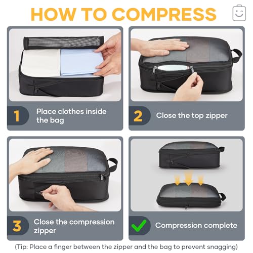 6/9/11 Set Compression Packing Cubes for Travel Essentials,Compressible Expandable Large Luggage Suitcase Organizer Bags for Clothing,Space Saver Bags with Over 1000 pcs of Mesh Holes(Black) (6 Count)