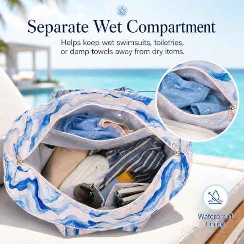 Beach Bag Waterproof Sandproof Women Beach Tote Pool Bag with Zipper for Gym Grocery Travel with Wet Pocket